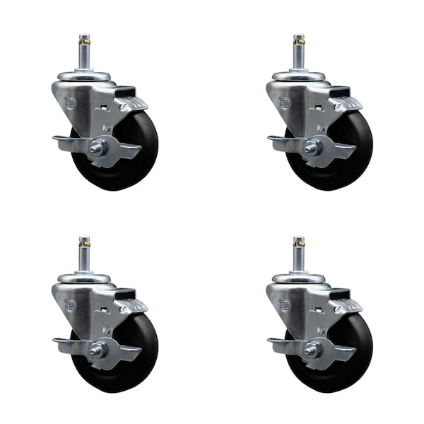 Service Caster 3.5'' Soft Rubber Wheel Swivel 7/16'' Grip Ring Stem Caster Set with Brake, 4PK SCC-GR20S3514-SRS-TLB-716138-4 - main